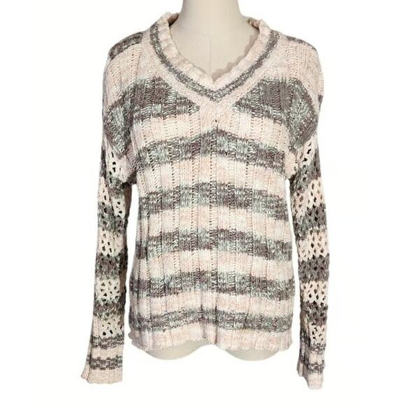 NWOT Bobeau Pink Green Purple Striped V Neck Sweater Size S - Picture 1 of 6